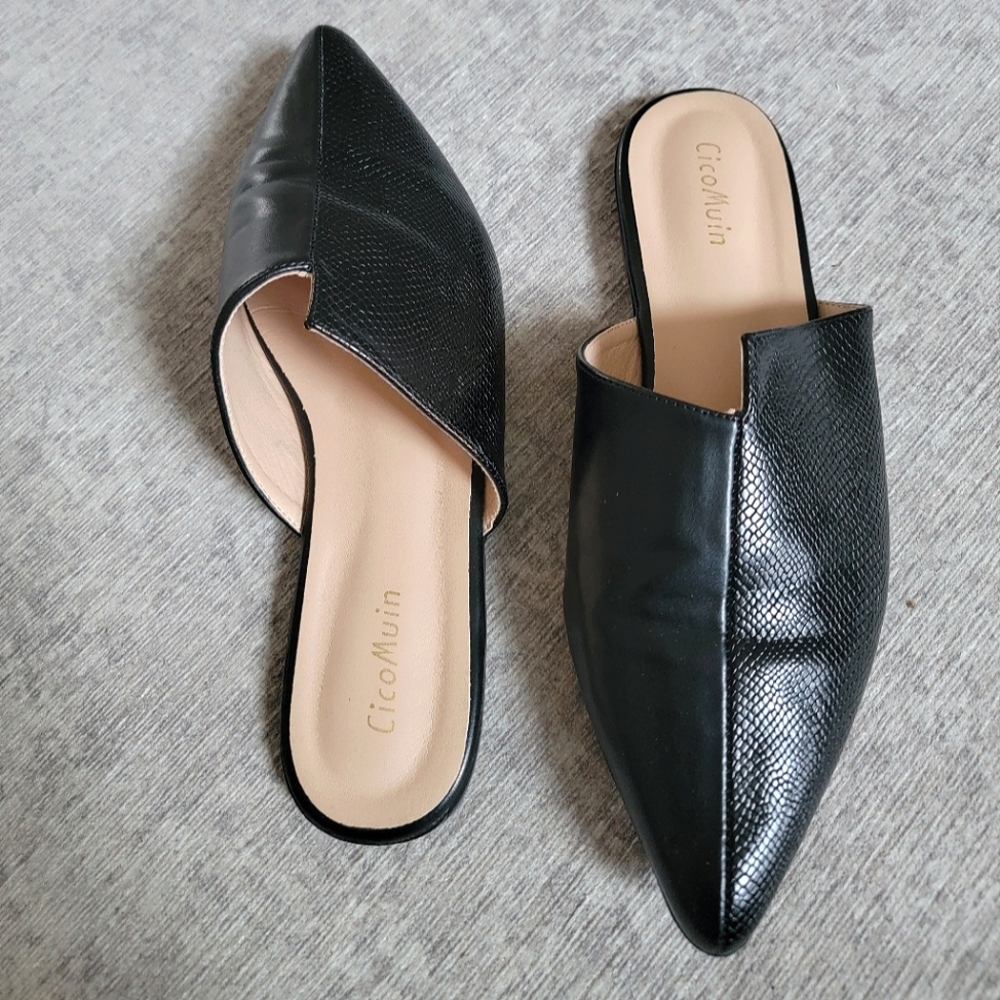 🖤 CicoMuin Snakeskin Mules Flats Closed Pointed Toe Sandals Embossed Backless